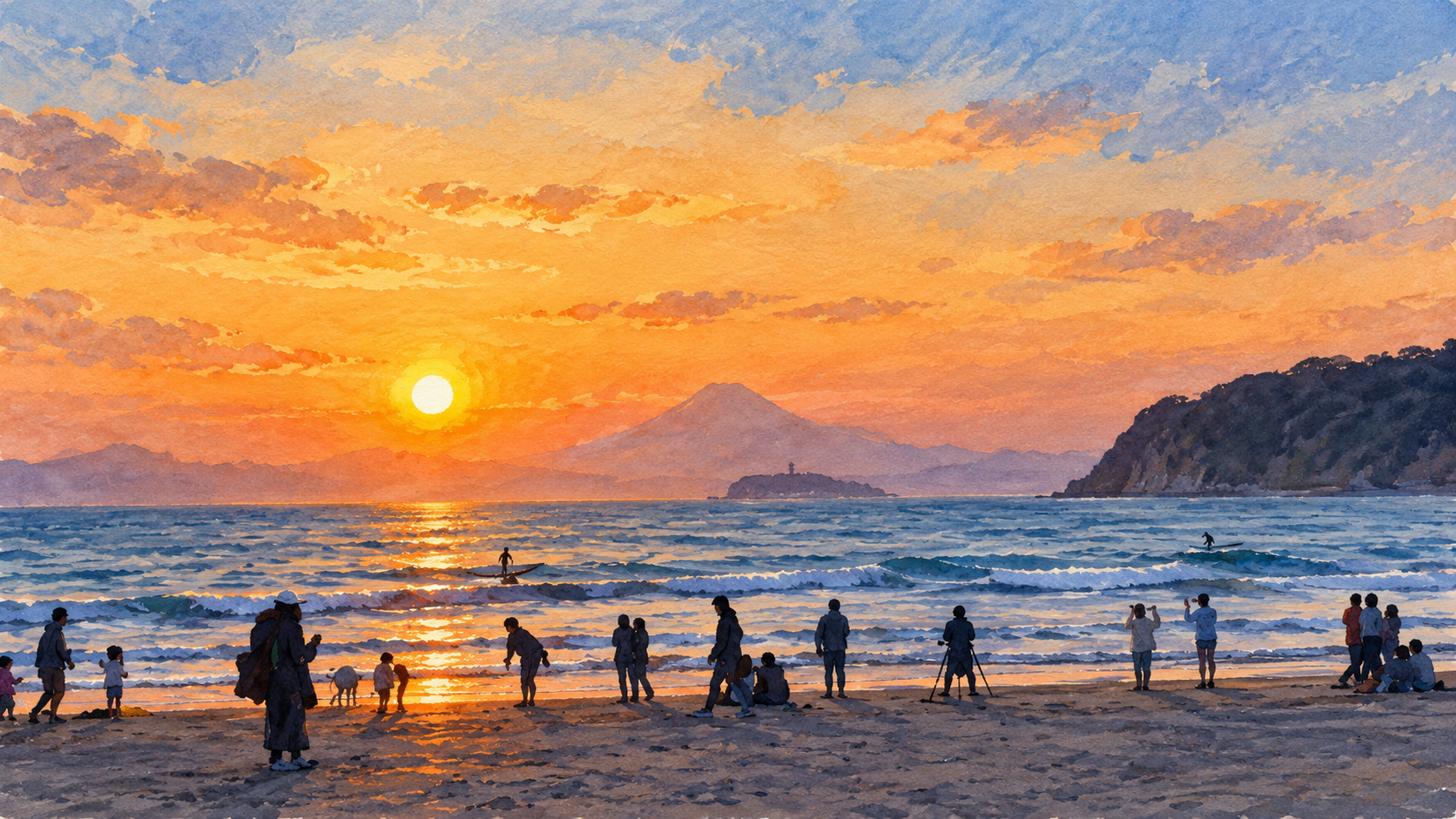 夕焼けの逗子海岸から江の島と富士山を望む風景を描いたイラスト