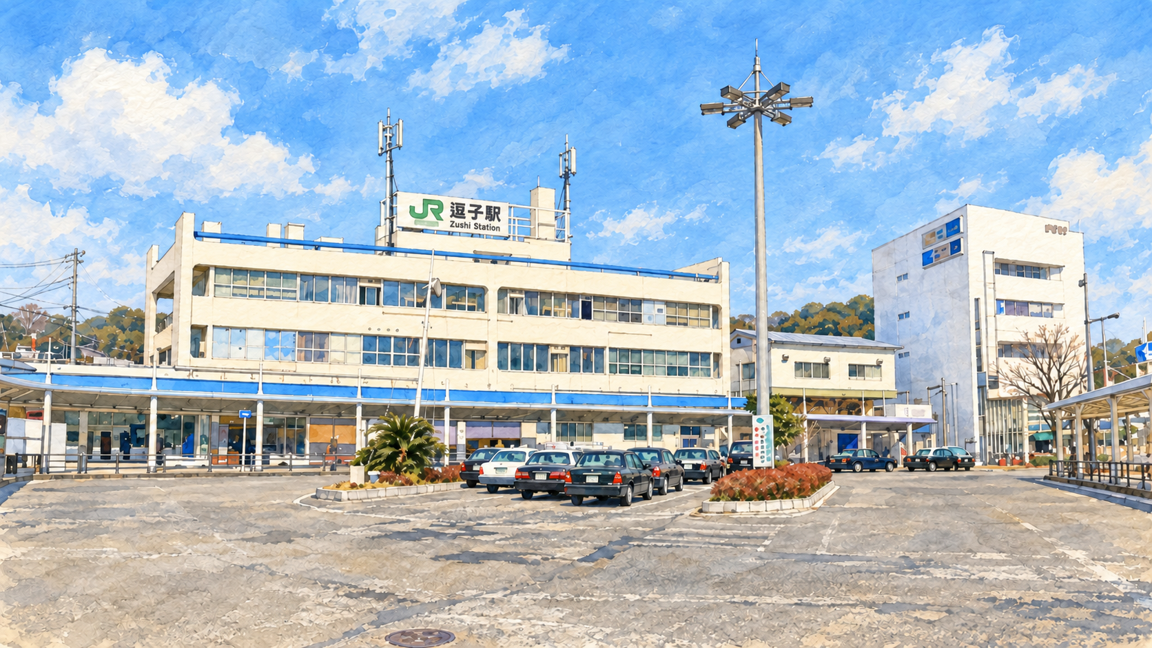 JR逗子駅東口の駅舎と駅前を、サイトで使用していた写真をもとに描いたイラスト